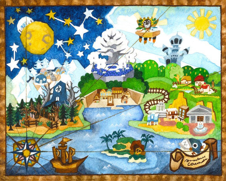 Paper Mario The Thousand-Year Door Watercolor Painting World Map Print 