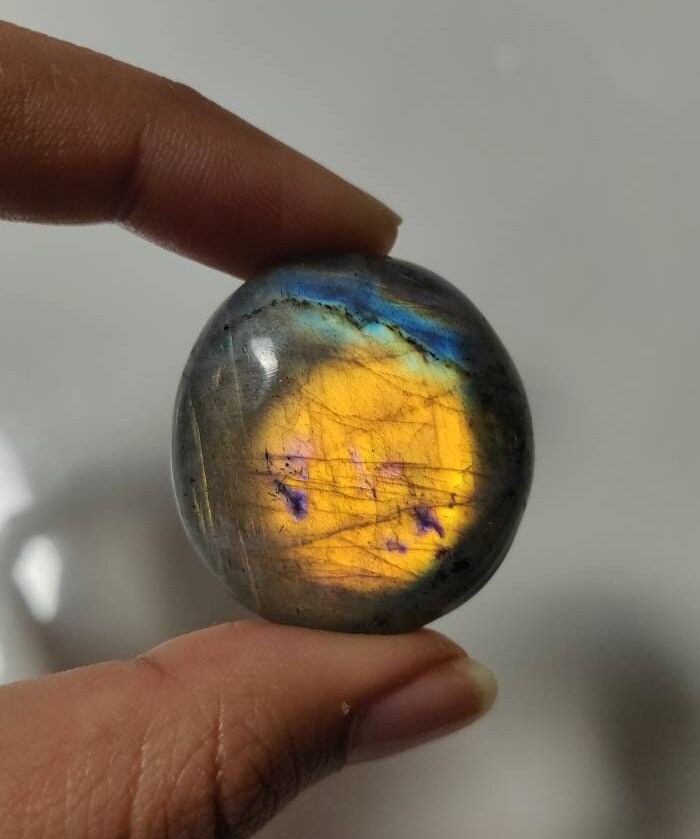 Labradorite 31, 20Gr -Jaune Orange Dorée et Bleue - Mini Galet Ovale
