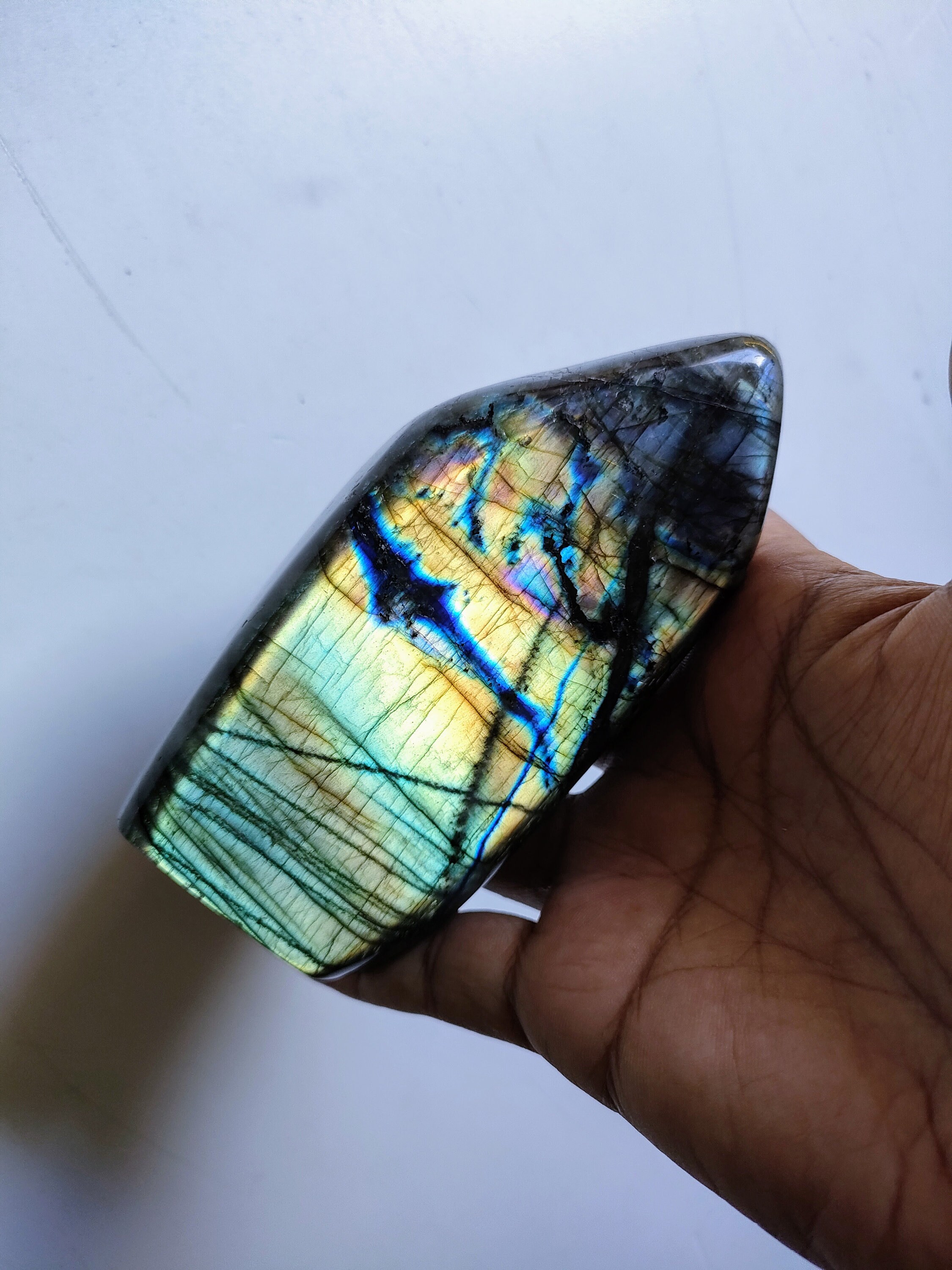 Labradorite 586, 60Gr-Vert Jaune et Orange Dorée - Mini Forme Libre