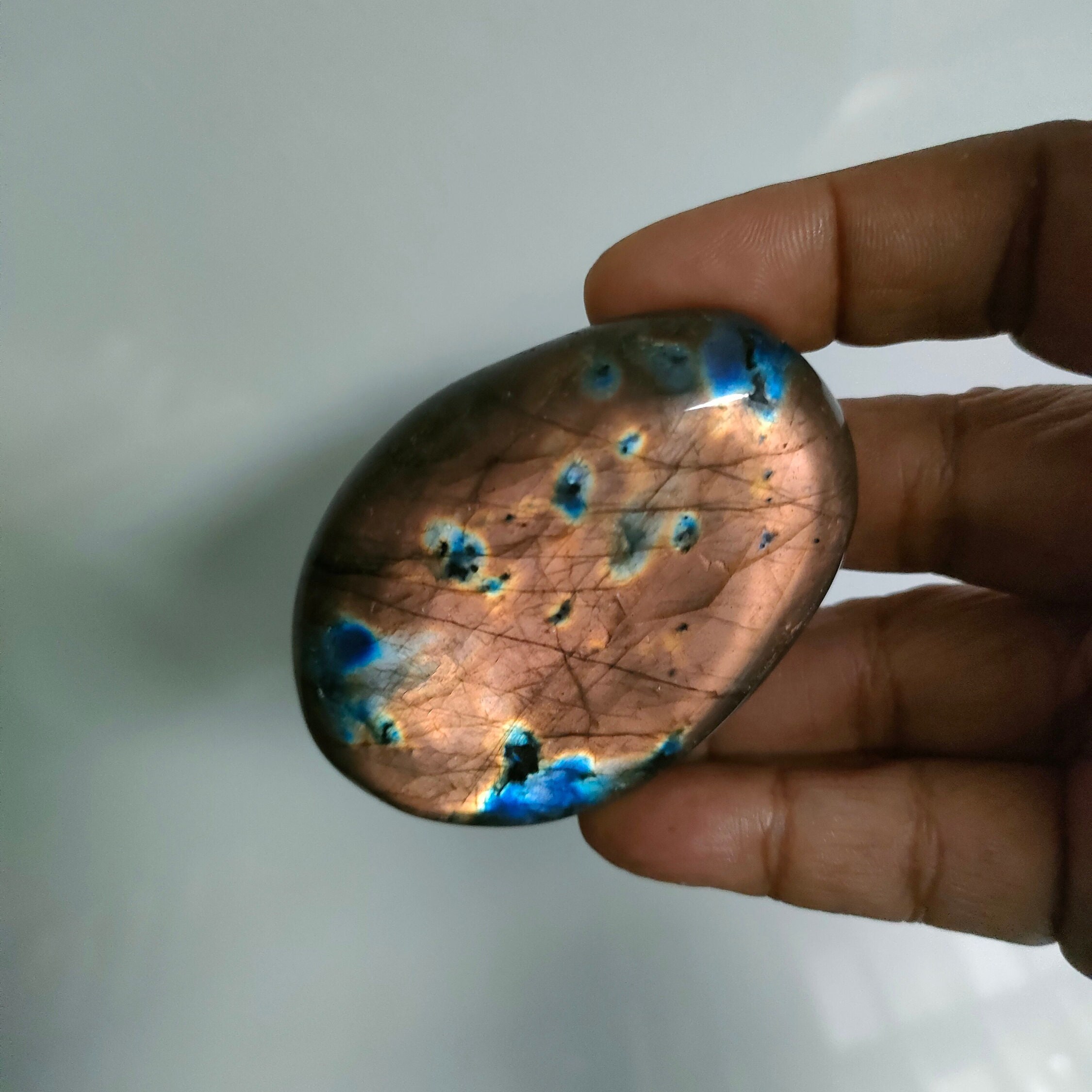 Labradorite 112, 60Gr - Bronze Dorée et Violette , Double Reflet Galet Ovale Xl