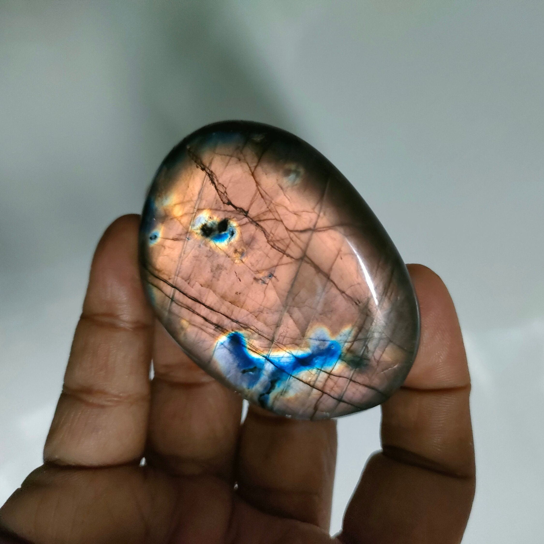 Labradorite 111, 10Gr - Bronze Orange Dorée et Bleue Galet Ovale Xl