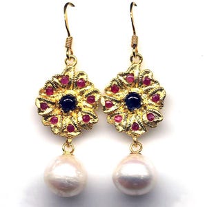 Victorian Pearl 1.75" Drop Earrings: Rubies, Cabochon Sapphire, 18k Gold Vermeil