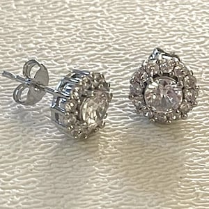 Moissanite Stud Earrings: w/ Halo, 14k White Gold/Silver, Pushback Closures