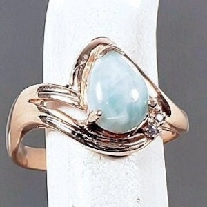 Blue Larimar Ring Solitaire 14k Rose Gold over 925 Sterling Silver Vintage Art Nouveau Estate Ring Size 7 3/4-8