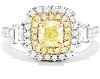 Citrine Ring Cushion Cut .72 Carat + White Sapphires Double Halo Ring White Gold Plate Edwardian Style Downton Abbey