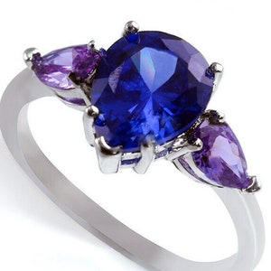 Sapphire & Amethyst Ring: Teardrop Pear Gems, Sterling Silver, White Gold Finish