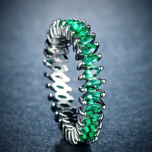 Emerald Full Band Eternity Ring Sterling Silver Unisex May Birthstone  *Complimentary Gift Wrap*