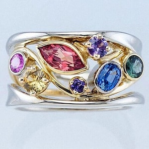 Art Deco Rainbow Crystal Ring: 2-Tone 18k Yellow & White Gold, Sterling Silver Unisex Band