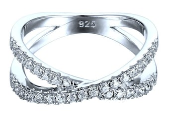 X-Ring Criss Cross Ring White Sapphires Platinum over 925 Sterling Silver Natural Gemstones Cross-over Infinity Eternity Unisex Ring