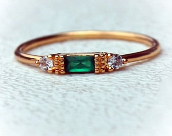 Baguette Emerald Ring: White Sapphire Accents, Minimalist, Stackable, 18k Gold over Sterling Silver