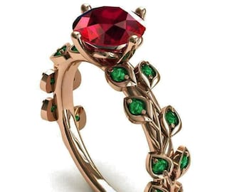 1 1/2 Carat Ruby + Emerald Ring 14k Rose Gold Plate ~ Art Nouveau ~ Unique Ring