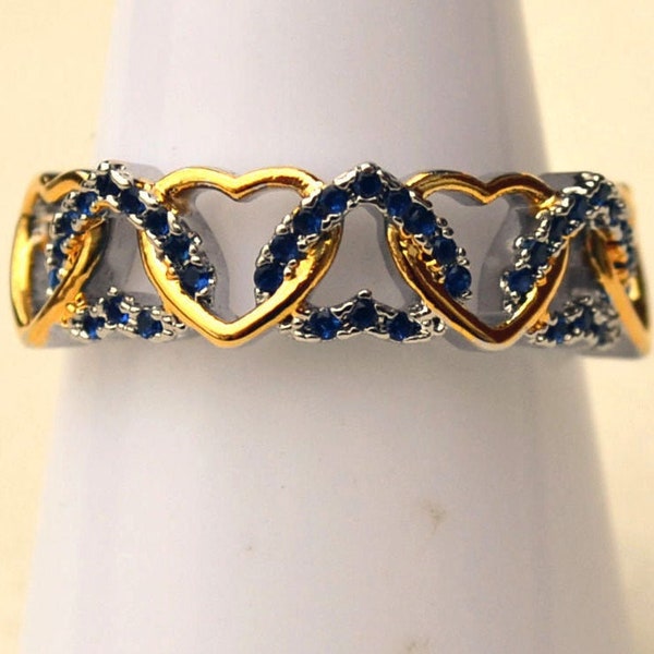 Heart Ring Blue Sapphires 2-Tone 18k Yellow & White Gold Plate Band Ring Celtic Claddagh Love Friendship Unisex Gift September Birthstone