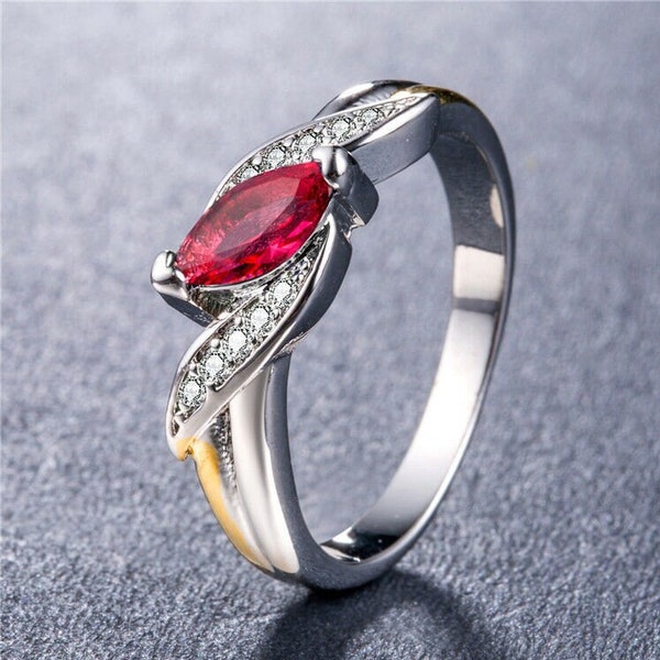 Garnet Band Ring Marquise 1 Carat w/ White Sapphires 2-Tone Gold & Silver January Birthstone