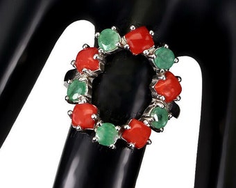 Emerald & Coral Wreath Ring: 14K White Gold over Sterling Silver, Size 8.25