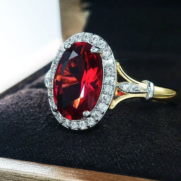 3.3 Carat Ruby Ring w/ Moissanite Halo 18K Gold over 925 Sterling Silver Special Gift for Her July Birthstone