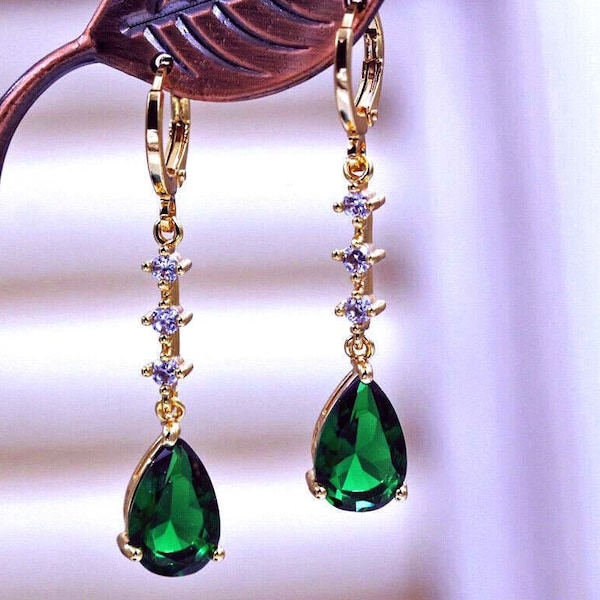 Teardrop Emerald Drop Earrings: 18k Gold Fill, White Topaz - Downton Abbey Style
