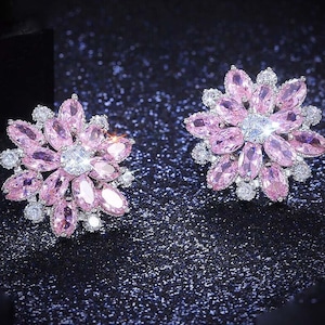 Snowflake Flower Stud Earrings: Pink & Clear CZs,  925 Silver Filled