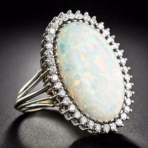 Art Deco Opal & Moissanite Halo Ring 14K White Gold over Sterling Silver Unique Cocktail Statement October Birthstone Gift for Her