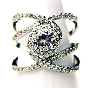 White Sapphire  Infinity Ring: Cross-Over, Eternity, X-Ring, 14k White Gold Plate/ Sterling Silver