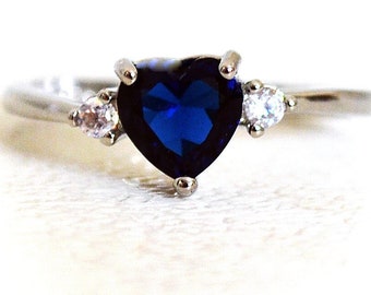 Blue Sapphire Heart Ring Solitaire White Sapphire Accents 14K White Gold over 925 Sterling Silver New Old Stock Great Gift