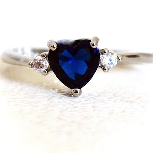 Blue & White Sapphire Heart Ring:  14K White Gold/ Sterling Silver