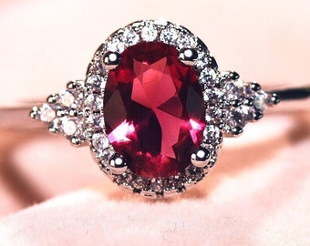 2.5 Carat Ruby Ring w/ White Sapphire Halo 18K White Gold over 925 Sterling Silver Special Gift for Her July Birthstone