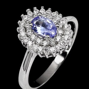 Natural Tanzanite Ring: Double Moissanite Halo, 18K White Gold Sterling Silver, Size 8.5