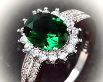 Emerald Ring 3 Carat Oval Cut w/ White Sapphire Halo 14k White Gold over 925 Sterling Silver Cocktail Statement Ring May Birthstone