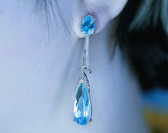 Aquamarine Long Dangle Drop Earrings 2 1/8" Teardrop & Waterdrop Pushbacks for Pierced Ears Art Deco Gatsby Flapper *Great Gift