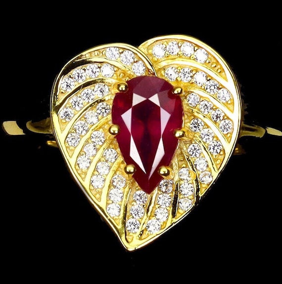 Teardrop Natural Ruby Ring: Moissanite Accents, 1… - image 1