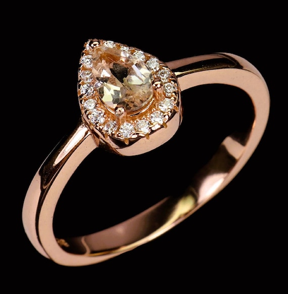 Teardrop Morganite Ring: White Sapphire Halo, Natural Gemstones