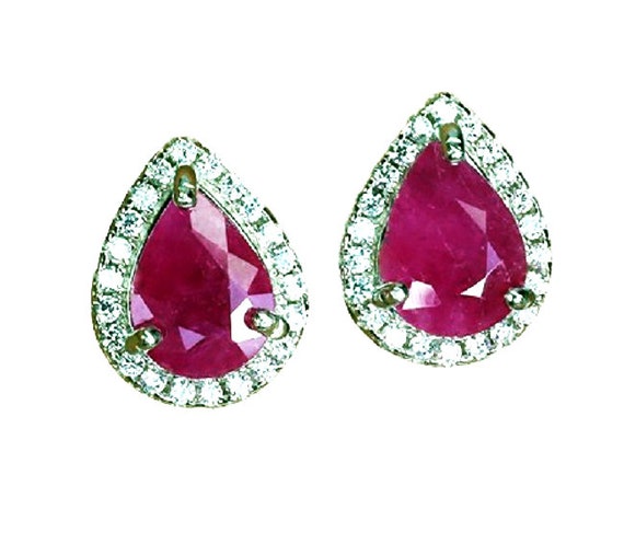 Natural Teardrop Ruby Stud Earrings Moissanite Ha… - image 1