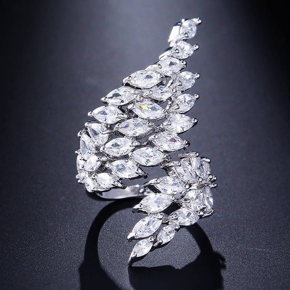 Adjustable Feather/ Leaf Long Ring: White Sapphir… - image 4