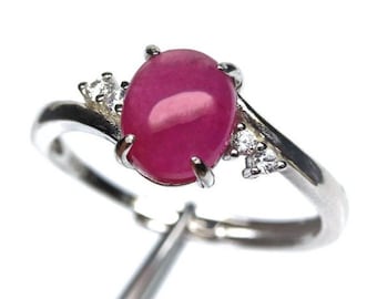 Oval Cabochon Ruby Ring CZ Accents Natural Gemstones 14k White Gold over 925 Silver Adjustable Vintage Estate Great Gift