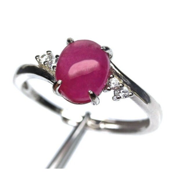 Oval Cabochon Ruby Ring CZ Accents Natural Gemstones 14k White Gold over 925 Silver Adjustable Vintage Estate Great Gift