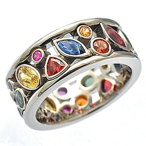 Multi Color Band Ring Art Deco Rainbow Crystals Sterling Silver Unique Unisex Ring