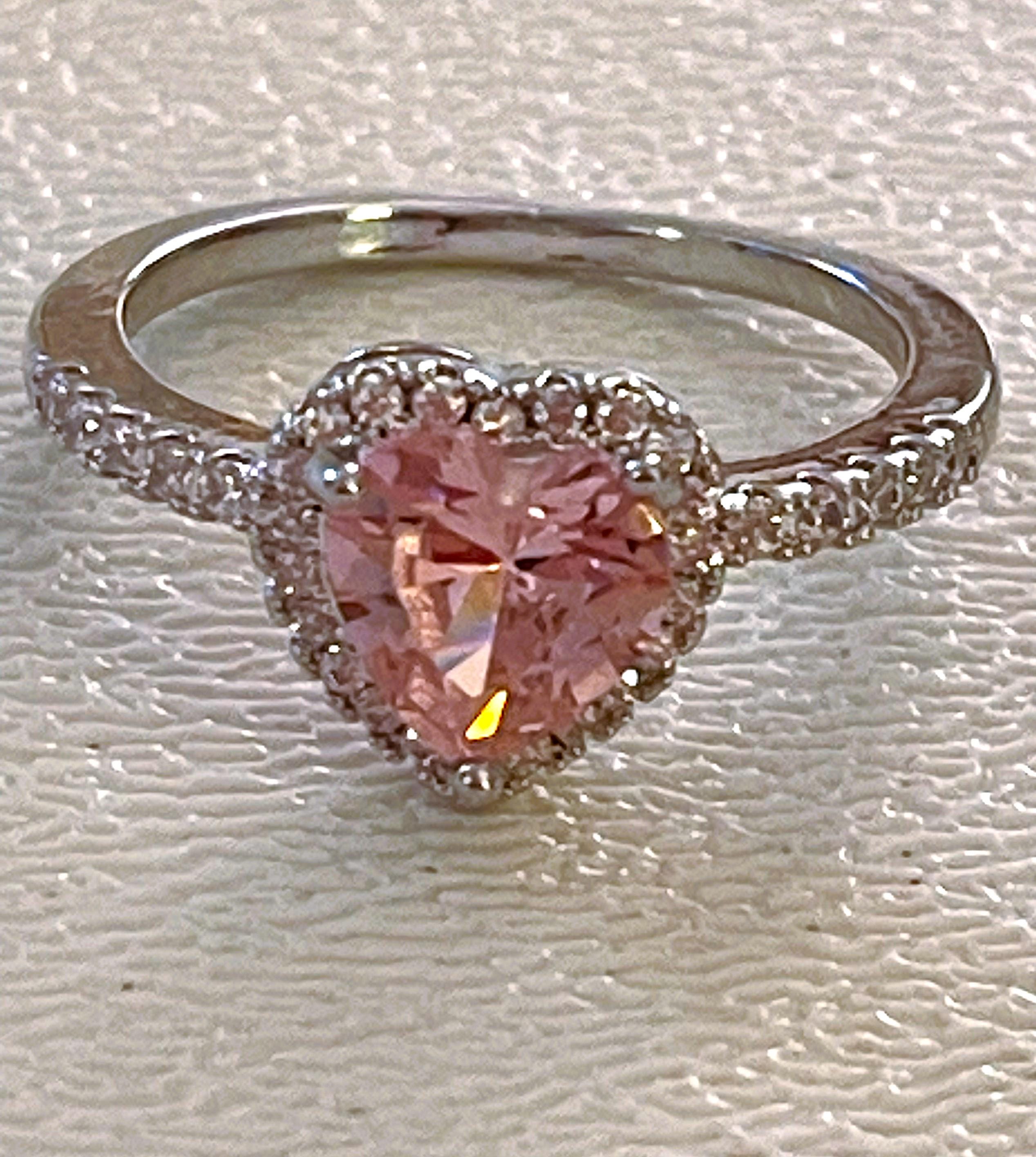 Pink Swarovski Heart Ring: Clear Crystal Halo & Accents, Rhodium
