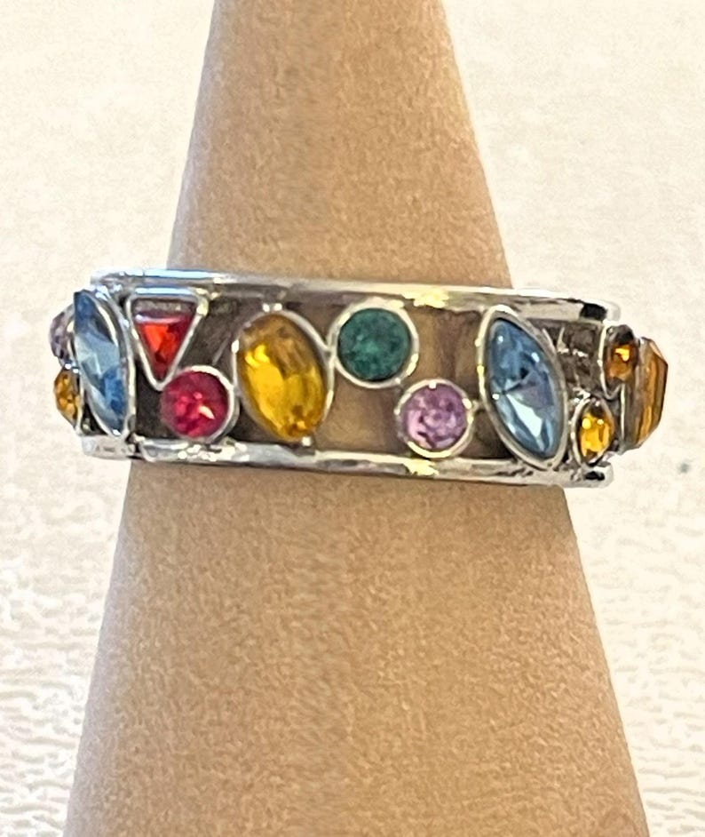 Multi Color Band Ring Art Deco Rainbow Crystals Sterling Silver Unique ...