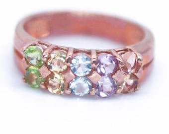 Multi-Gemstone Band Ring: Amethyst Citrine Peridot Topaz Tourmaline 18k Rose Gold/ Silver (Size 6)