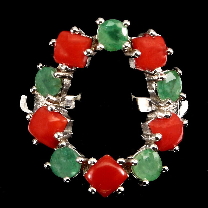Natural Emerald /& Coral Wreath Ring 14K White Gold Plate ~ Unique Ring ~ Gift for Her Size 8 14