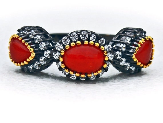 Natural Coral Ring: White Sapphires, Black Rhodium Band, Vintage/ Estate,  Size 7 1/3