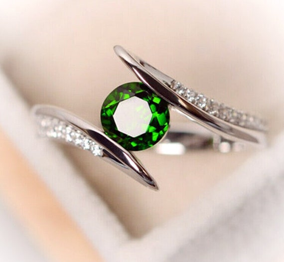 Emerald Ring Tension Set Swirl Solitaire w/ White… - image 1