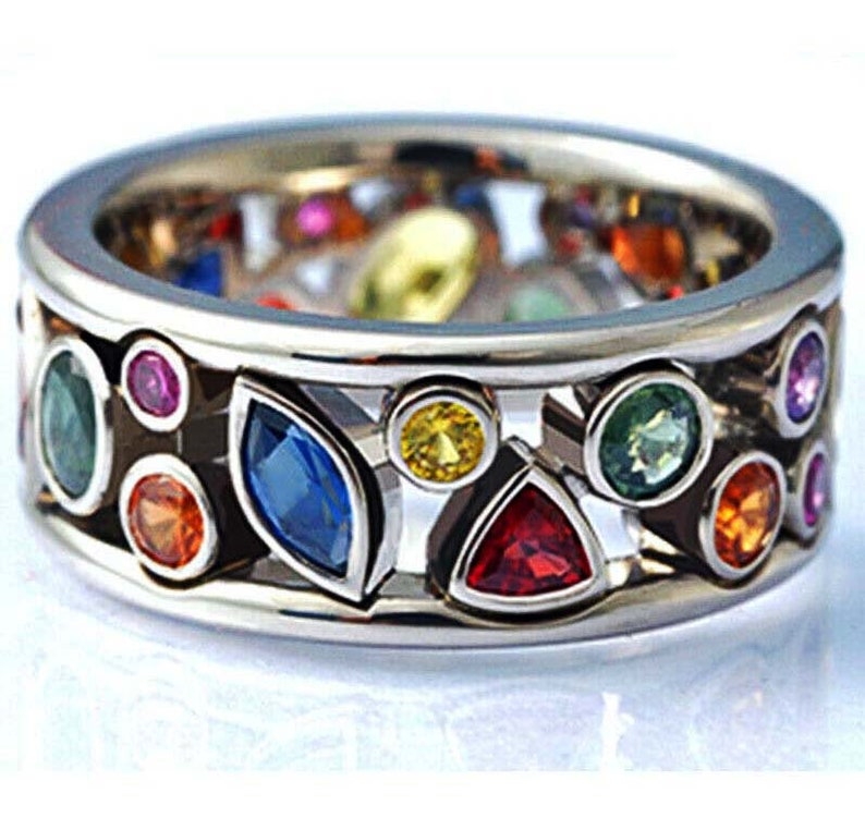 Multi Color Band Ring Art Deco Rainbow Crystals Sterling Silver Unique ...