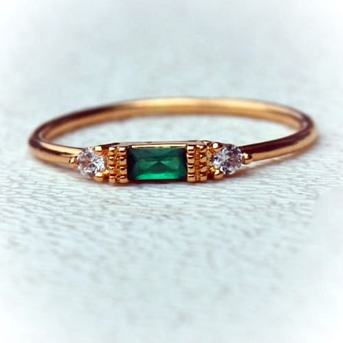 Baguette Emerald Ring: White Sapphire Accents, Minimalist, Stackable, 18k Gold over Sterling Silver