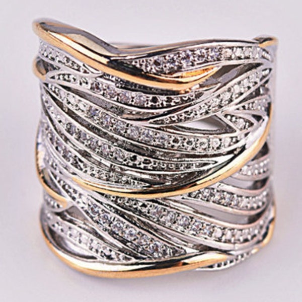 Harem-Stacking-Stil, Multi-Band-Kreuz über Unendlichkeit, langer zweifarbiger Ring mit weißen Saphiren, 925er Silber und Goldplatte, einzigartiges Unisex-Geschenk