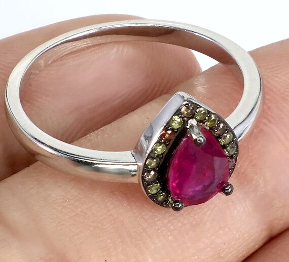 Pear Ruby Ring: Sapphire Halo, Black Rhodium, 18K… - image 2