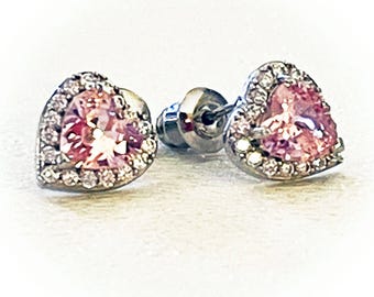 Pink Crystal Heart Stud Earrings: Crystal Halos, 14k White Gold Fill, Pushback Closures