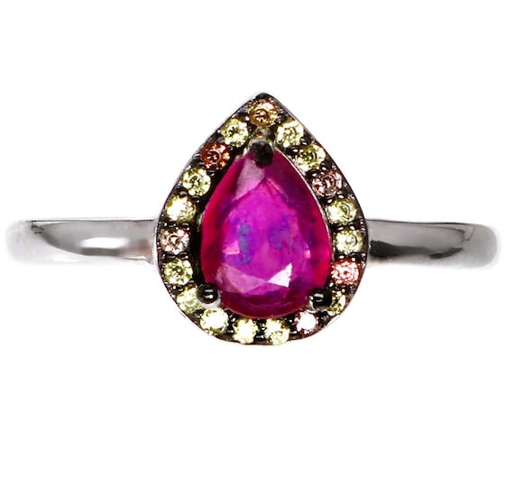 Pear Ruby Ring: Sapphire Halo, Black Rhodium, 18K… - image 1