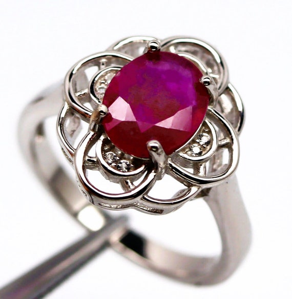 Natural Oval Ruby Ring: White Sapphire Swirl 14k … - image 1