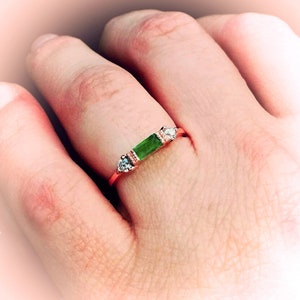 Larger Version Baguette Emerald Ring: White Sapphire Accents, 18k Gold, Sterling Silver, Stacking Ring